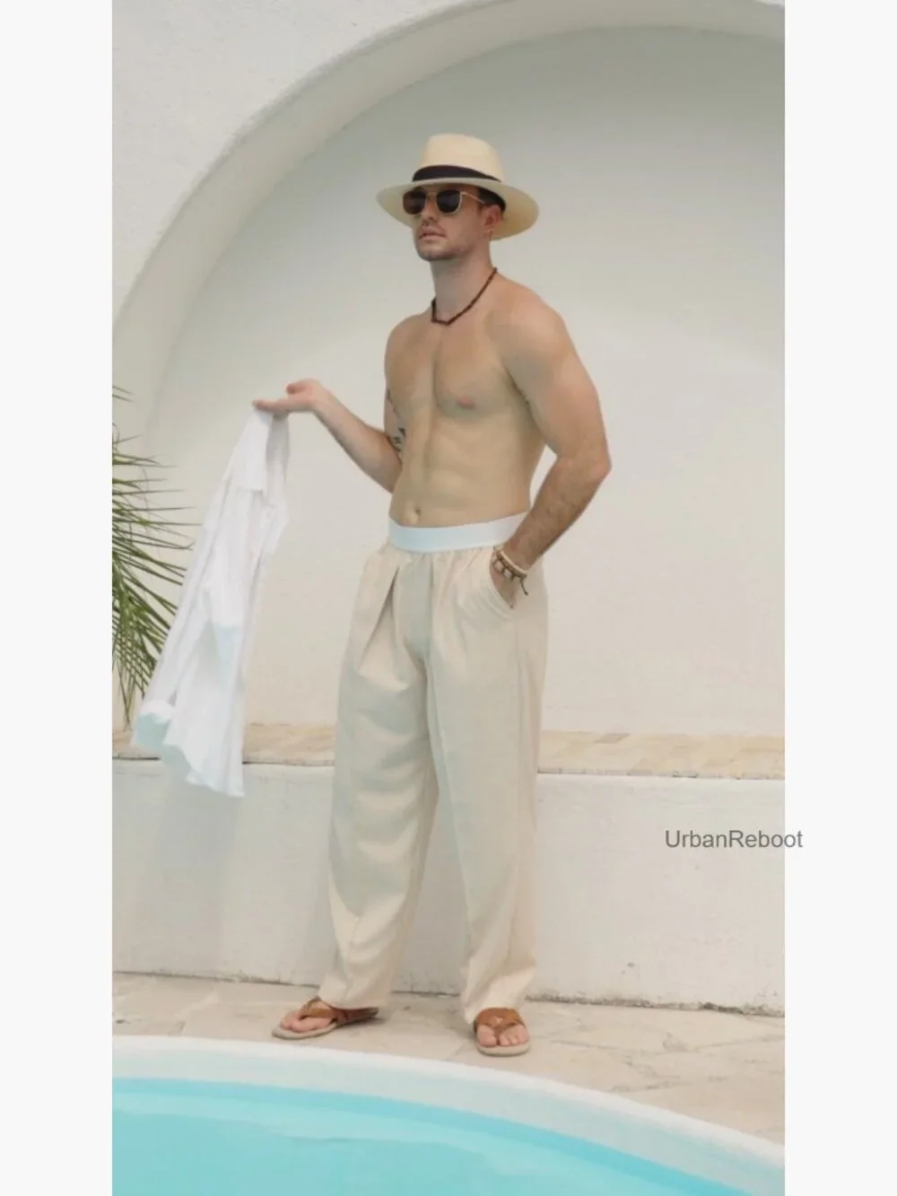 Mens Linen Pants Elastic Waist Straight Leg Casual Summer Yoga